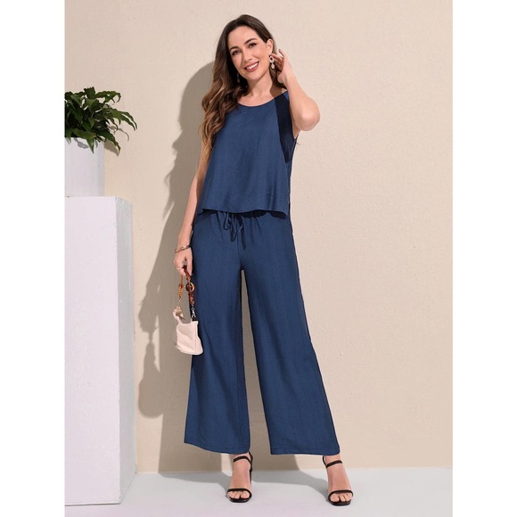 2 piece set: Cut Out Side Tank Top & Drawstring Waist Wide Leg Pants white - Picture 5 of 5